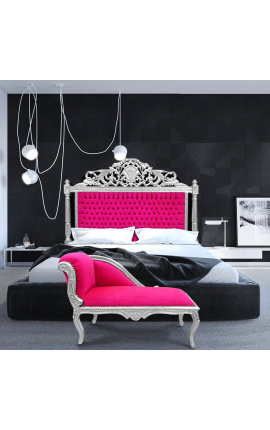Barokinės lovos galvūgalio fuksijos spalvos aksominis audinys ir sidabro mediena