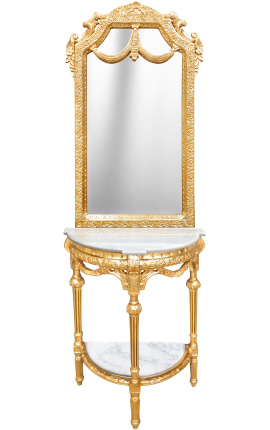 Consola em meia-lua com espelho estilo barroco em madeira dourada e mármore branco