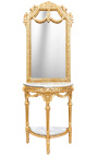 Console de meia-lua com espelho de estilo barroco em madeira dourada e mármore branco