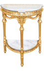 Console de meia-lua com espelho de estilo barroco em madeira dourada e mármore branco