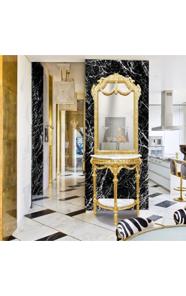 Consola em meia-lua com espelho estilo barroco em madeira dourada e mármore branco