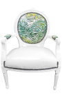 [Limited Edition] Μπαρόκ καρέκλα Λουίς XVI εκτυπωμένο φύλλο & δέρμα, λευκό ξύλο