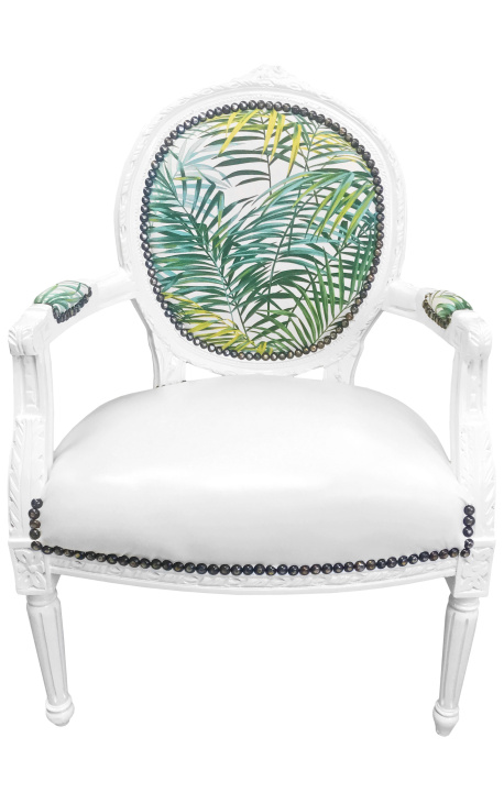 [Edition Limitée] Fauteuil Louis XVI de style baroque feuillage & simili blanc, bois blanc