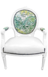 [Limited Edition] Barock Sessel Louis XVI bedrucktes Blatt & Lederette, weißes Holz