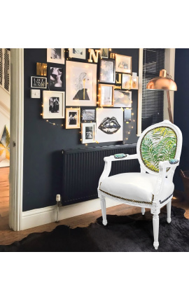 [Limited Edition] Μπαρόκ καρέκλα Λουίς XVI εκτυπωμένο φύλλο &amp; δέρμα, λευκό ξύλο