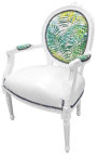 [Limited Edition] Baroque armchair Louis XVI printed foliage & leatherette, white wood