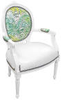 [Edition Limitée] Fauteuil Louis XVI de style baroque feuillage & simili blanc, bois blanc