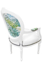 [Limited Edition] Baroka stila atzveltnes krēsls Luija XVI apdrukāta lapotne un mākslīgā āda, balts koks