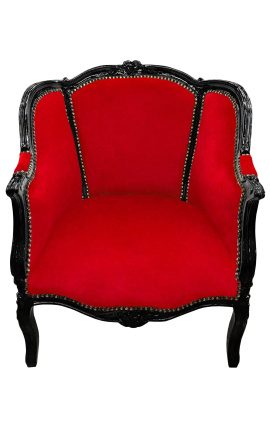 Grande bergère de style Louis XV tissu velours rouge et bois noir