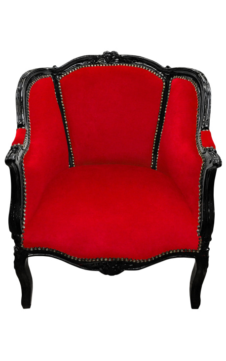 Velké bergère sedadlo Louis XV stylu červený samet a černé dřevo
