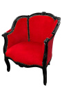 Grande bergère de style Louis XV tissu velours rouge et bois noir