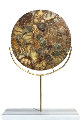 Duży brązowy ozdobny dysk z amonitami na złotym stojaku i białym marmurze