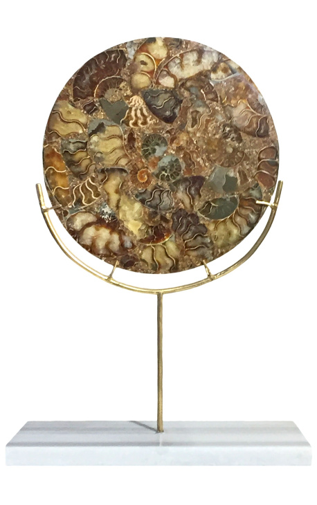 Grand disque décoratif marron avec ammonites sur support doré et marbre blanc