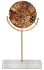 Disco marrone con ammoniti su supporto dorato e marmo bianco (Modello piccolo)