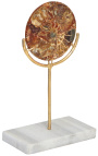 Disco castanho com amonites sobre suporte dourado e mármore branco (Modelo pequeno)