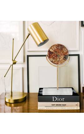 Brown disk with ammonites on a gilded base and white marble (Small model)