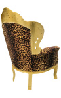 Duży fotel w stylu barokowym z tkaniny w panterkę i pozłacanego drewna
