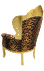 Fotoliu mare în stil baroc, țesătură leopard și lemn aurit
