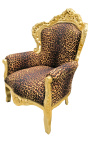 Duży fotel w stylu barokowym z tkaniny w panterkę i pozłacanego drewna