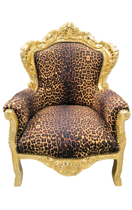 Didelis baroko stiliaus fotelis leopardo audinys ir paauksuota mediena