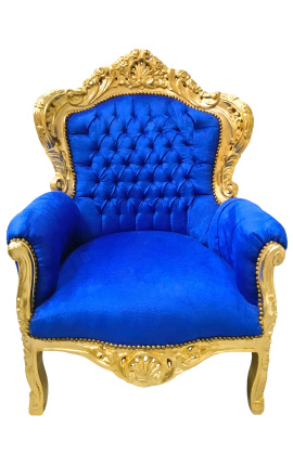 Didelis baroko stiliaus fotelis mėlynas aksomas ir aukso mediena