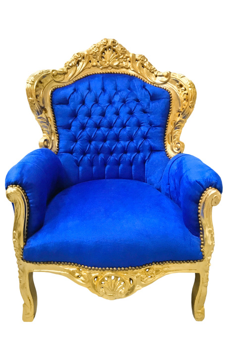 Grand fauteuil de style Baroque tissu velours bleu et bois doré