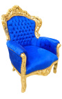 Bduży fotel w stylu barokowym niebieski aksamit i złote drewno