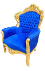 Grand fauteuil de style Baroque tissu velours bleu et bois doré