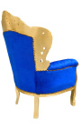 Bduży fotel w stylu barokowym niebieski aksamit i złote drewno