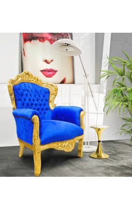 Sillón de estilo barroco Bbig terciopelo azul y madera de oro