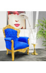 Bbig baroque style armchair blue velvet and gold wood