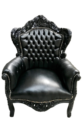 Nagy barokk stílusú fotel fekete műbőr és lakkozott fa 
