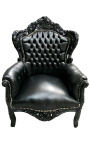 Big baroque style armchair black faux leather and lacquered wood 