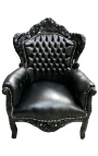 Grand fauteuil de style Baroque simili cuir noir et bois noir