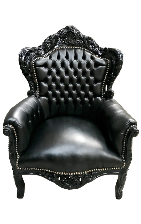 Nagy barokk stílusú fotel fekete műbőr és lakkozott fa 