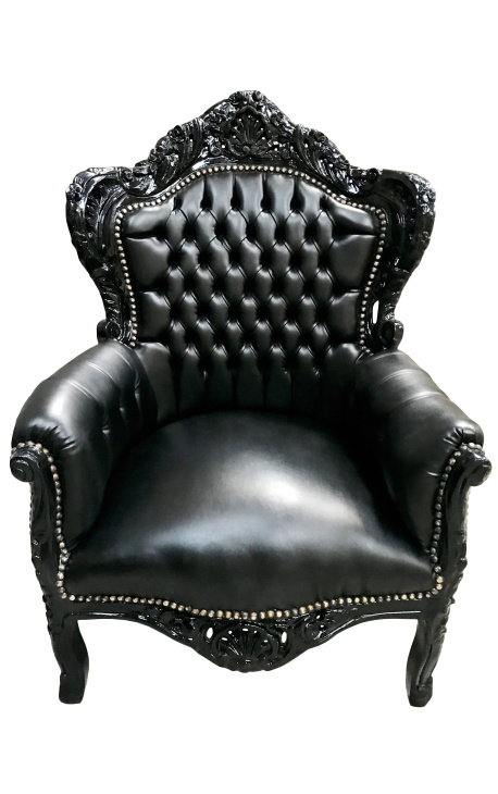 Grand fauteuil de style Baroque simili cuir noir et bois noir