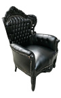 Big baroque style armchair black leatherette and lacquered wood 