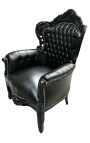 Big baroque style armchair black faux leather and lacquered wood 