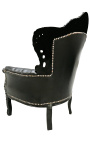 Grand fauteuil de style Baroque simili cuir noir et bois noir