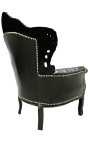 Großer Sessel im Barockstil aus schwarzem Kunstleder und lackiertem Holz 