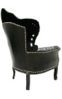 Grand fauteuil de style Baroque simili cuir noir et bois noir