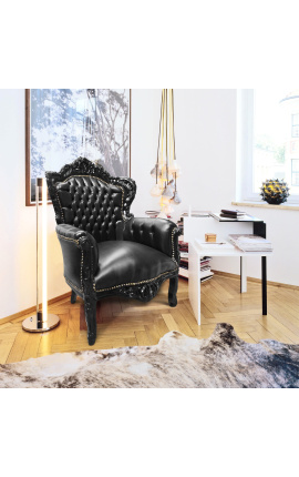 Big baroque style armchair black leatherette and lacquered wood 