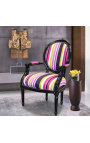 Fauteuil Louis XVI de style baroque tissu rayé multicolore et bois noir