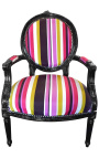 Baroque armchair Louis XVI multicolor striped fabric and black wood