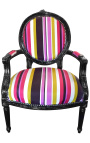 Fauteuil Louis XVI de style baroque tissu rayé multicolore et bois noir