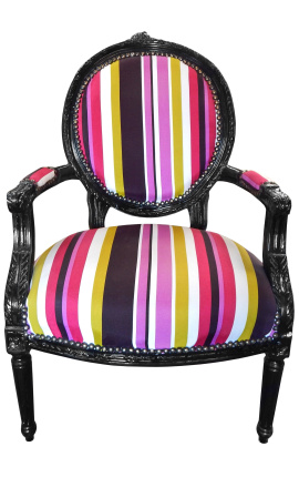 Fauteuil Louis XVI de style baroque tissu rayé multicolore et bois noir