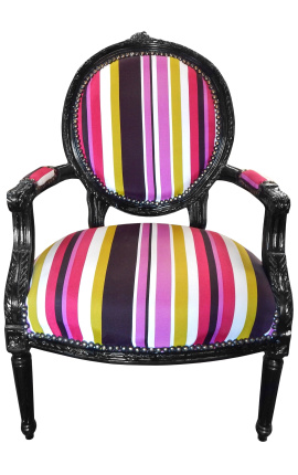 Sillón barroco Louis XVI Tela de rayas multicolores y madera negra. - 1