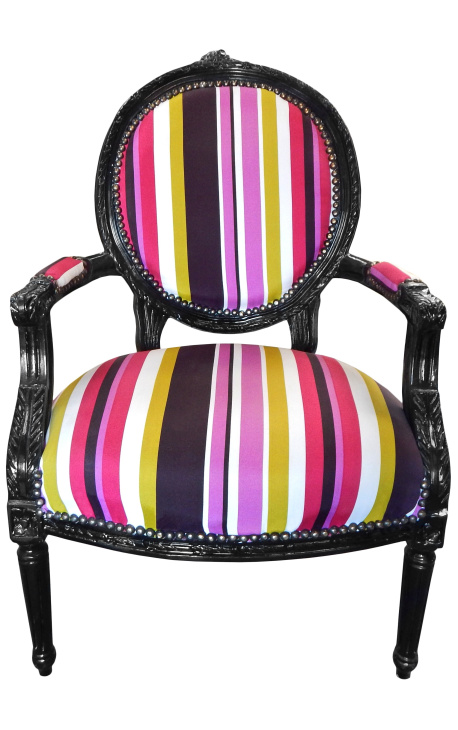 Fauteuil Louis XVI de style baroque tissu rayé multicolore et bois noir