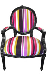 Barokk lenestol Louis XVI Multicolor stripet stoff og svart tre - 1