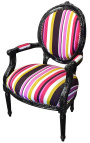 Fauteuil Louis XVI de style baroque tissu rayé multicolore et bois noir